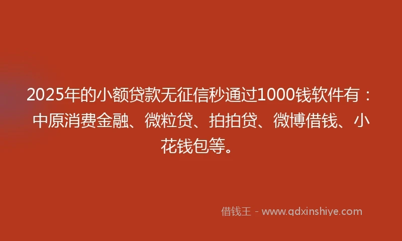2025年的小额贷款无征信秒通过1000钱软件有：中原消费金融、微粒贷、拍拍贷、微博借钱、小花钱包等。