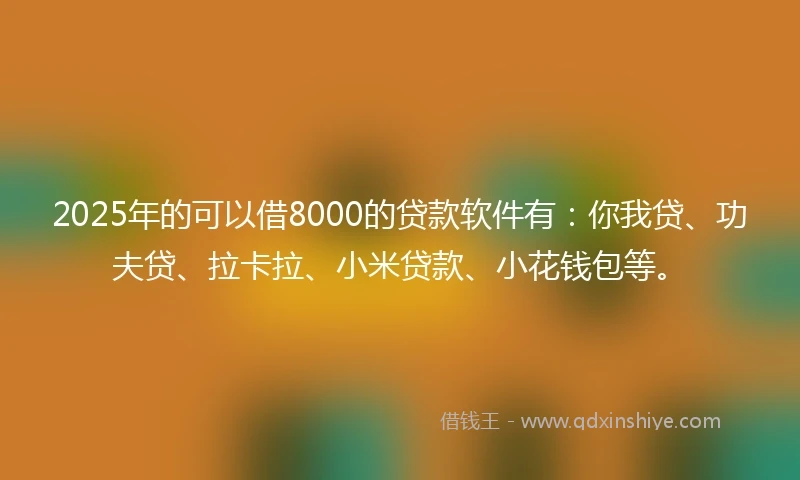 2025年的可以借8000的贷款软件有：你我贷、功夫贷、拉卡拉、小米贷款、小花钱包等。