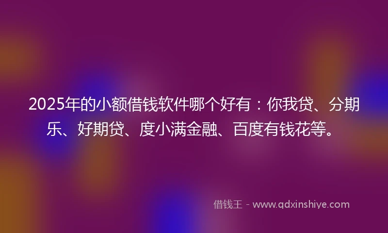 2025年的小额借钱软件哪个好有：你我贷、分期乐、好期贷、度小满金融、百度有钱花等。