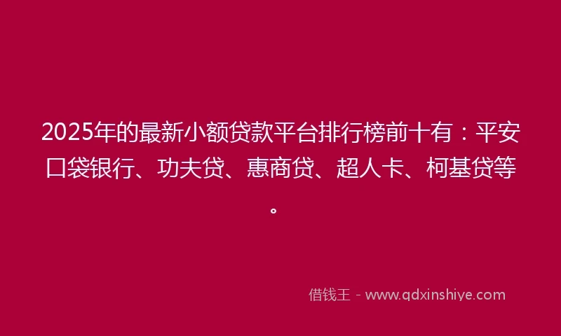 2025年的最新小额贷款平台排行榜前十有：平安口袋银行、功夫贷、惠商贷、超人卡、柯基贷等。