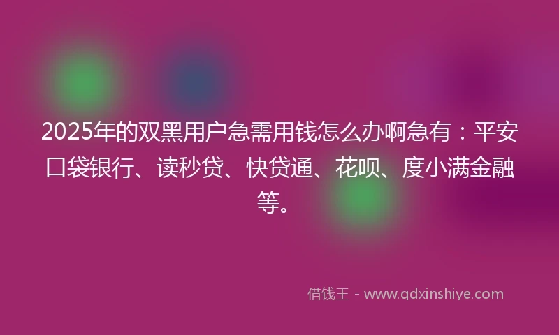 2025年的双黑用户急需用钱怎么办啊急有：平安口袋银行、读秒贷、快贷通、花呗、度小满金融等。