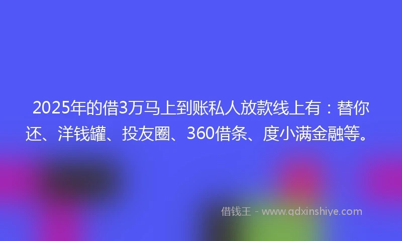 2025年的借3万马上到账私人放款线上有：替你还、洋钱罐、投友圈、360借条、度小满金融等。