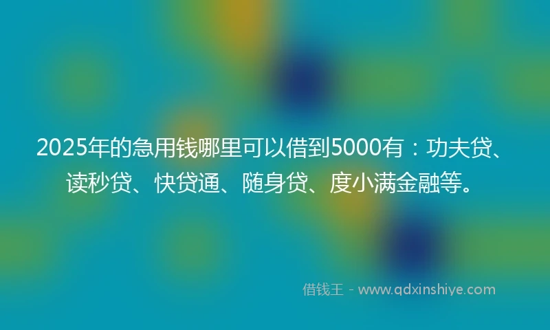 2025年的急用钱哪里可以借到5000有：功夫贷、读秒贷、快贷通、随身贷、度小满金融等。