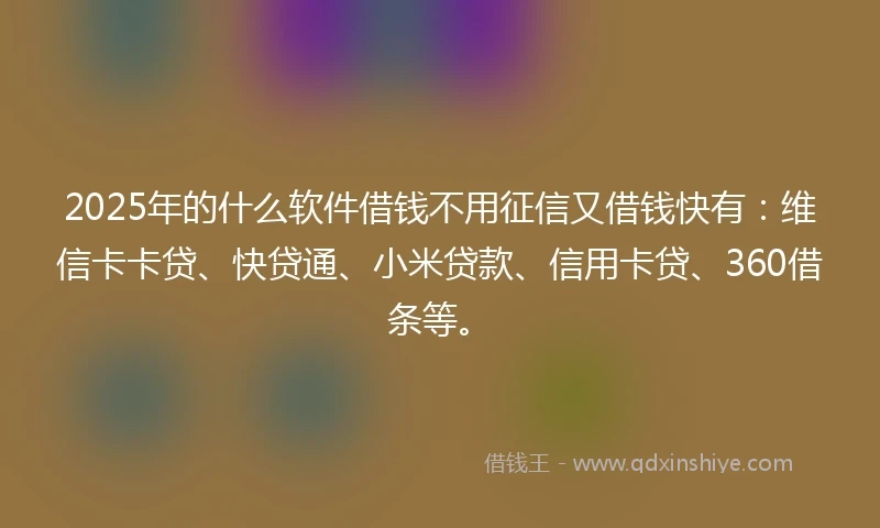 2025年的什么软件借钱不用征信又借钱快有：维信卡卡贷、快贷通、小米贷款、信用卡贷、360借条等。