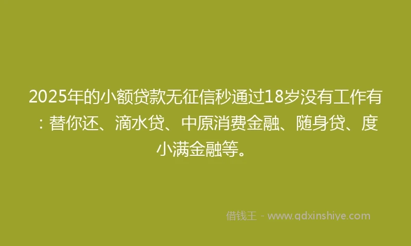 2025年的小额贷款无征信秒通过18岁没有工作有：替你还、滴水贷、中原消费金融、随身贷、度小满金融等。
