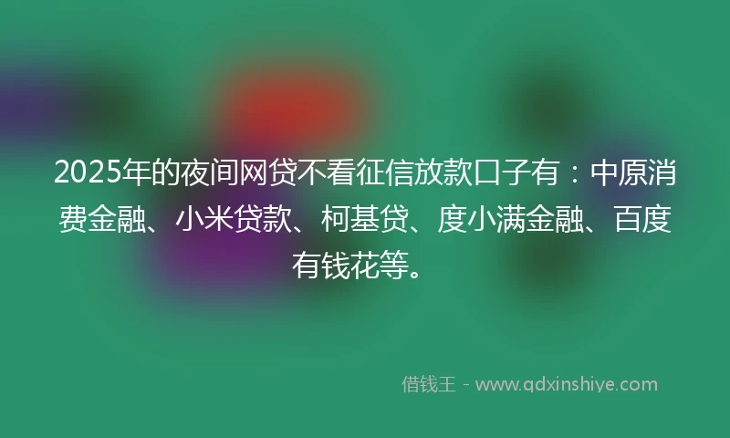 2025年的夜间网贷不看征信放款口子有：中原消费金融、小米贷款、柯基贷、度小满金融、百度有钱花等。