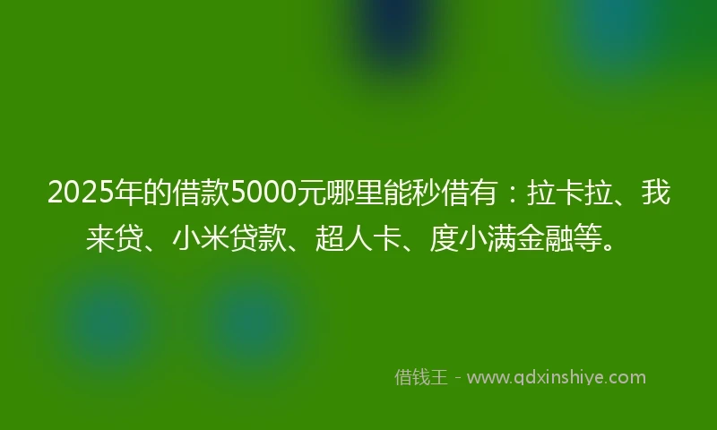 2025年的借款5000元哪里能秒借有：拉卡拉、我来贷、小米贷款、超人卡、度小满金融等。