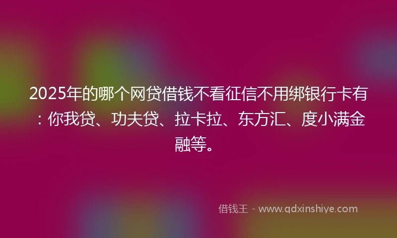 2025年的哪个网贷借钱不看征信不用绑银行卡有：你我贷、功夫贷、拉卡拉、东方汇、度小满金融等。