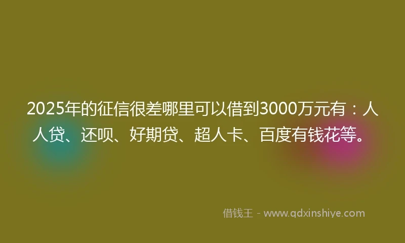 2025年的征信很差哪里可以借到3000万元有：人人贷、还呗、好期贷、超人卡、百度有钱花等。