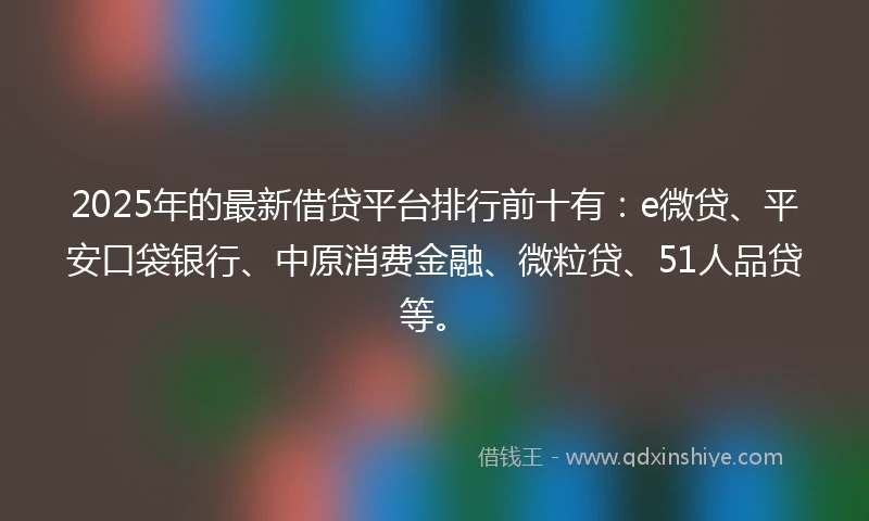 2025年的最新借贷平台排行前十有：e微贷、平安口袋银行、中原消费金融、微粒贷、51人品贷等。