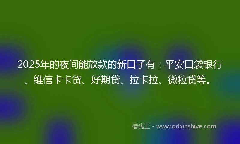 2025年的夜间能放款的新口子有：平安口袋银行、维信卡卡贷、好期贷、拉卡拉、微粒贷等。