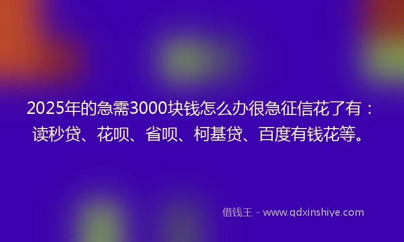 2025年的急需3000块钱怎么办很急征信花了有：读秒贷、花呗、省呗、柯基贷、百度有钱花等。