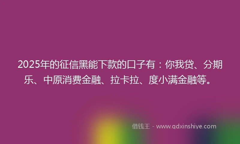 2025年的征信黑能下款的口子有：你我贷、分期乐、中原消费金融、拉卡拉、度小满金融等。