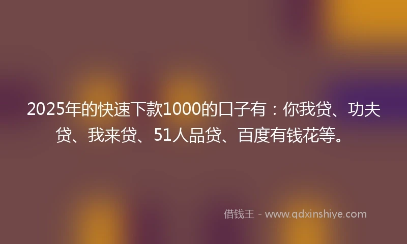2025年的快速下款1000的口子有：你我贷、功夫贷、我来贷、51人品贷、百度有钱花等。