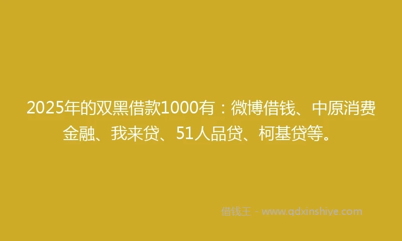 2025年的双黑借款1000有：微博借钱、中原消费金融、我来贷、51人品贷、柯基贷等。