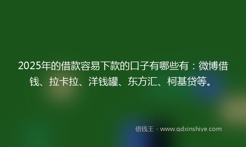 2025年的借款容易下款的口子有哪些有：微博借钱、拉卡拉、洋钱罐、东方汇、柯基贷等。