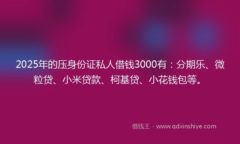 2025年的压身份证私人借钱3000有：分期乐、微粒贷、小米贷款、柯基贷、小花钱包等。