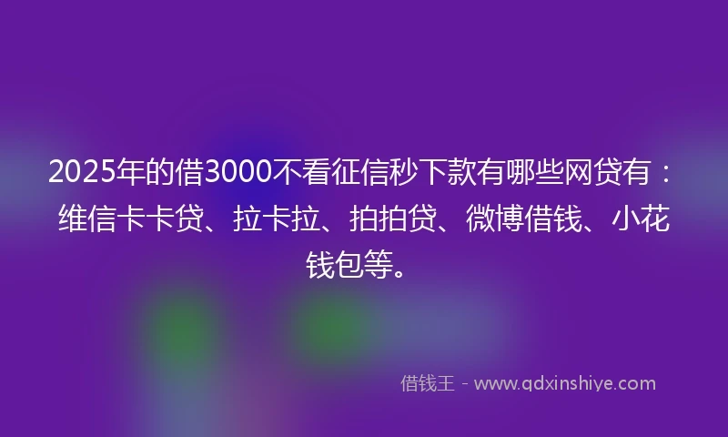 2025年的借3000不看征信秒下款有哪些网贷有：维信卡卡贷、拉卡拉、拍拍贷、微博借钱、小花钱包等。