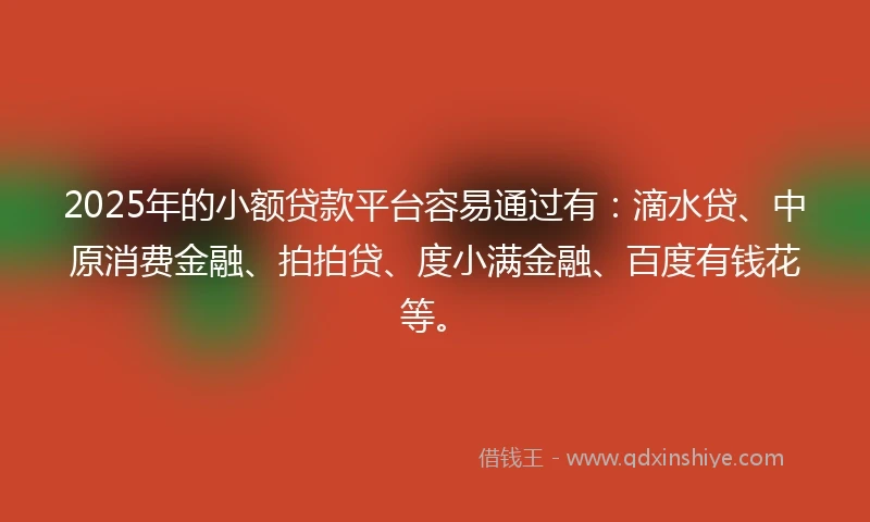 2025年的小额贷款平台容易通过有：滴水贷、中原消费金融、拍拍贷、度小满金融、百度有钱花等。