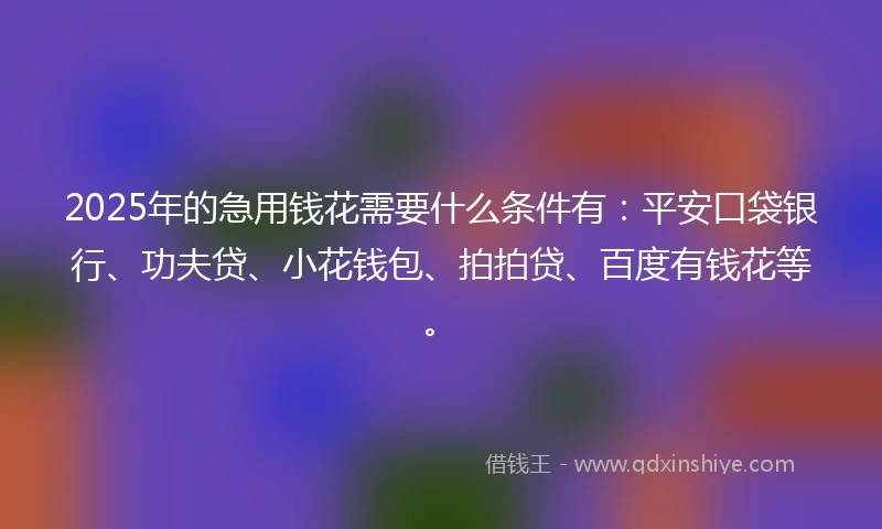 2025年的急用钱花需要什么条件有：平安口袋银行、功夫贷、小花钱包、拍拍贷、百度有钱花等。
