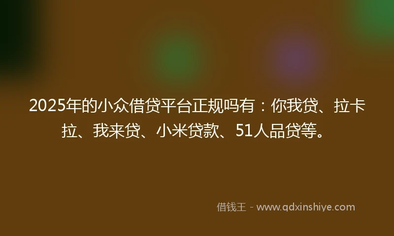 2025年的小众借贷平台正规吗有：你我贷、拉卡拉、我来贷、小米贷款、51人品贷等。