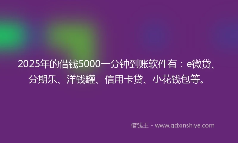 2025年的借钱5000一分钟到账软件有：e微贷、分期乐、洋钱罐、信用卡贷、小花钱包等。