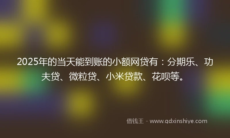 2025年的当天能到账的小额网贷有：分期乐、功夫贷、微粒贷、小米贷款、花呗等。