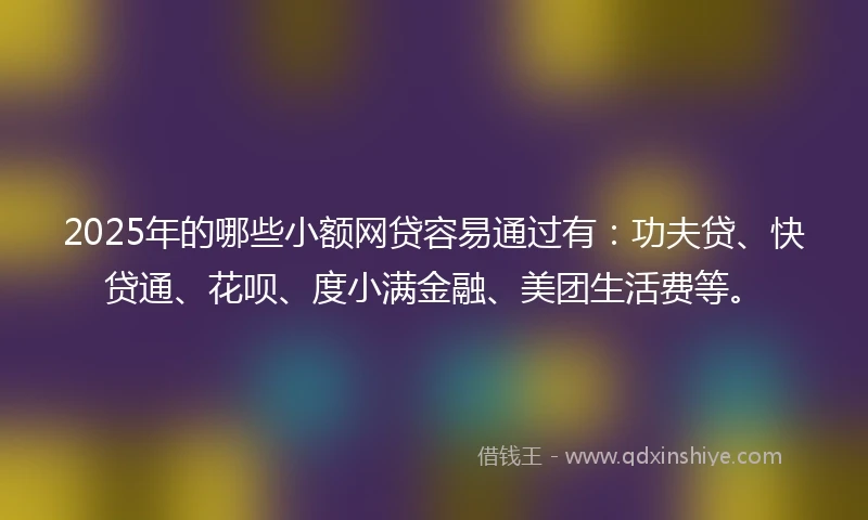 2025年的哪些小额网贷容易通过有：功夫贷、快贷通、花呗、度小满金融、美团生活费等。