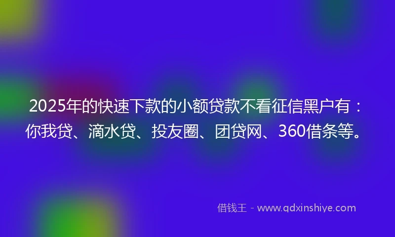 2025年的快速下款的小额贷款不看征信黑户有：你我贷、滴水贷、投友圈、团贷网、360借条等。