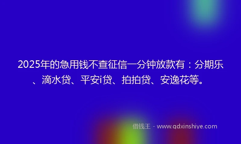 2025年的急用钱不查征信一分钟放款有：分期乐、滴水贷、平安i贷、拍拍贷、安逸花等。