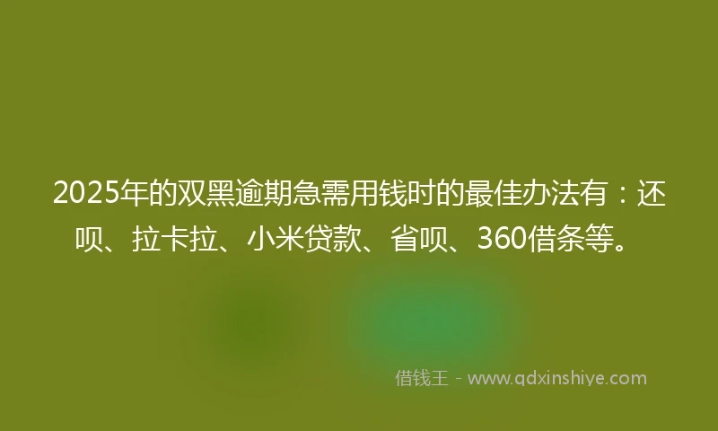 2025年的双黑逾期急需用钱时的最佳办法有：还呗、拉卡拉、小米贷款、省呗、360借条等。