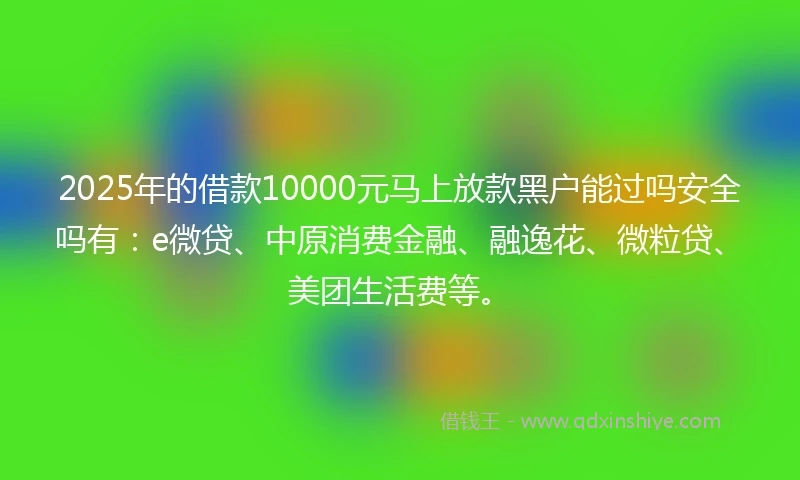 2025年的借款10000元马上放款黑户能过吗安全吗有：e微贷、中原消费金融、融逸花、微粒贷、美团生活费等。