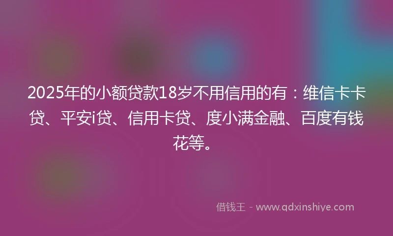 2025年的小额贷款18岁不用信用的有：维信卡卡贷、平安i贷、信用卡贷、度小满金融、百度有钱花等。
