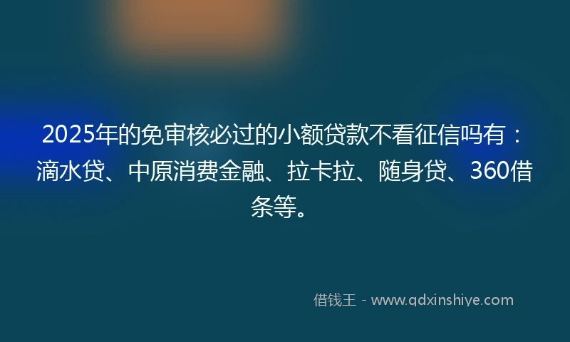 2025年的免审核必过的小额贷款不看征信吗有：滴水贷、中原消费金融、拉卡拉、随身贷、360借条等。