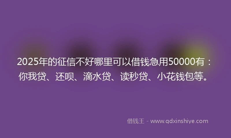 2025年的征信不好哪里可以借钱急用50000有：你我贷、还呗、滴水贷、读秒贷、小花钱包等。