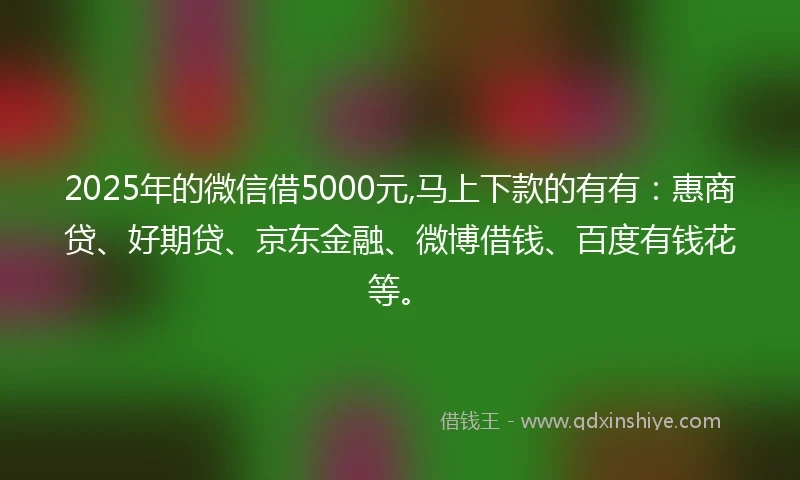2025年的微信借5000元,马上下款的有有：惠商贷、好期贷、京东金融、微博借钱、百度有钱花等。