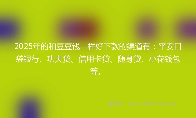 2025年的和豆豆钱一样好下款的渠道有：平安口袋银行、功夫贷、信用卡贷、随身贷、小花钱包等。