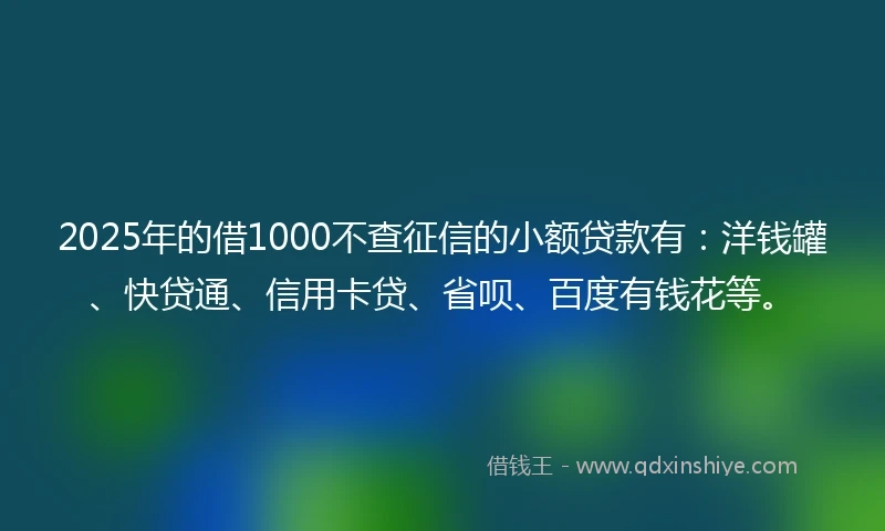 2025年的借1000不查征信的小额贷款有：洋钱罐、快贷通、信用卡贷、省呗、百度有钱花等。