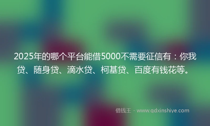 2025年的哪个平台能借5000不需要征信有：你我贷、随身贷、滴水贷、柯基贷、百度有钱花等。