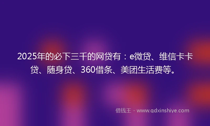2025年的必下三千的网贷有：e微贷、维信卡卡贷、随身贷、360借条、美团生活费等。