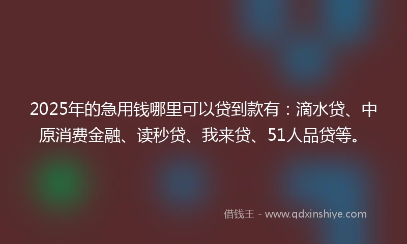2025年的急用钱哪里可以贷到款有：滴水贷、中原消费金融、读秒贷、我来贷、51人品贷等。