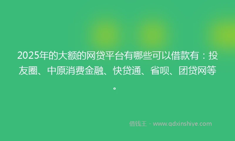 2025年的大额的网贷平台有哪些可以借款有：投友圈、中原消费金融、快贷通、省呗、团贷网等。