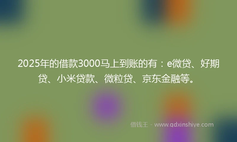 2025年的借款3000马上到账的有：e微贷、好期贷、小米贷款、微粒贷、京东金融等。