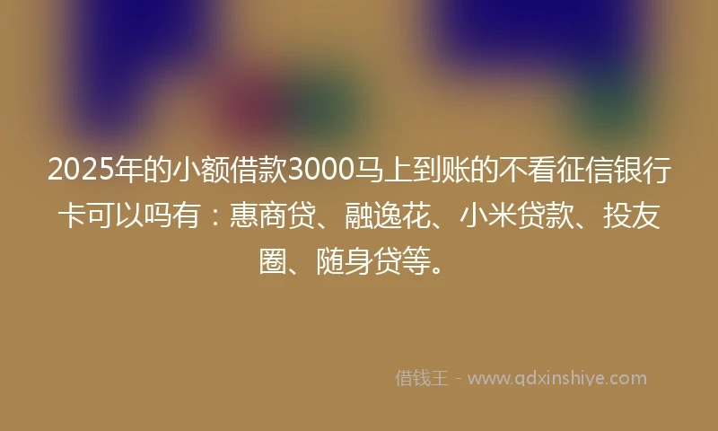 2025年的小额借款3000马上到账的不看征信银行卡可以吗有：惠商贷、融逸花、小米贷款、投友圈、随身贷等。