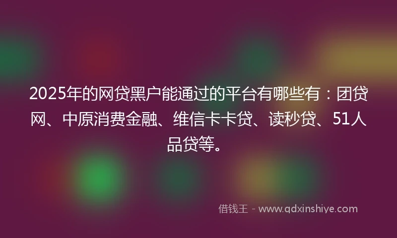 2025年的网贷黑户能通过的平台有哪些有：团贷网、中原消费金融、维信卡卡贷、读秒贷、51人品贷等。