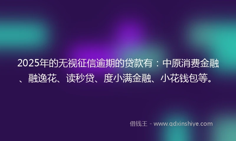 2025年的无视征信逾期的贷款有：中原消费金融、融逸花、读秒贷、度小满金融、小花钱包等。