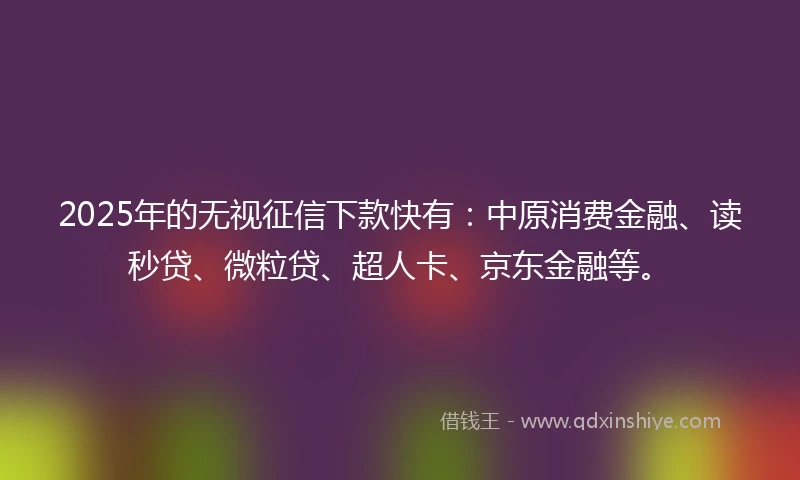 2025年的无视征信下款快有：中原消费金融、读秒贷、微粒贷、超人卡、京东金融等。