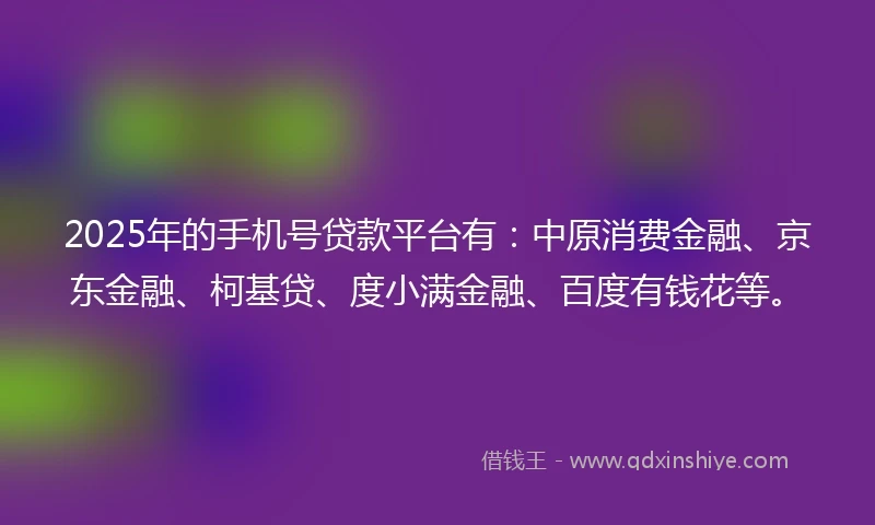 2025年的手机号贷款平台有：中原消费金融、京东金融、柯基贷、度小满金融、百度有钱花等。