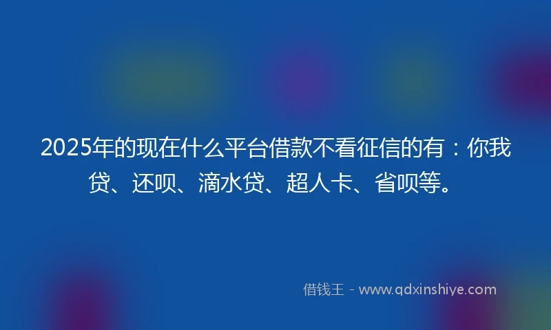 2025年的现在什么平台借款不看征信的有:你我贷、还呗、滴水贷、超人卡、省呗等。
