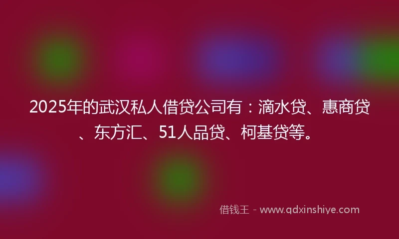 2025年的武汉私人借贷公司有：滴水贷、惠商贷、东方汇、51人品贷、柯基贷等。